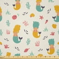 thumbnail image 1 of Ambesonne Aquamarine Fabric by the Yard Microfiber, Mermaids Seashells Art, 5 Yards, Earth Yellow Cadet Blue, 1 of 2