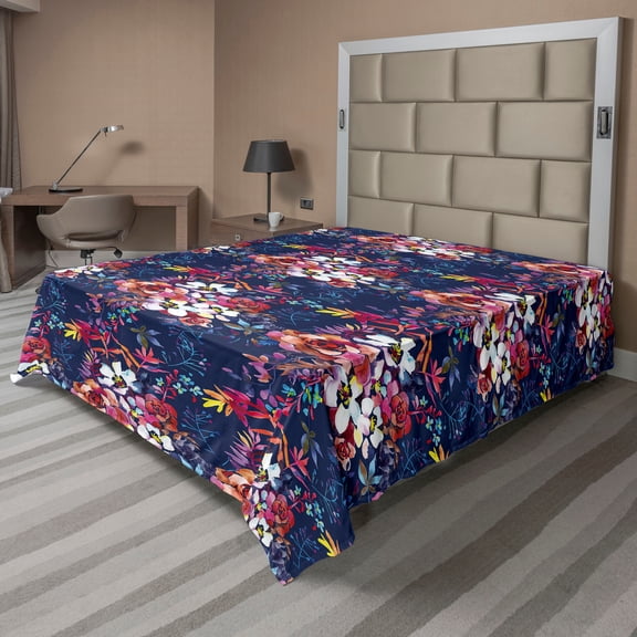 Ambesonne Aquarelle Bloom Flat Bedding Sheet Soft Top Sheet, Modern Dreamy Bloom, King, Quartz Coral Multicolor