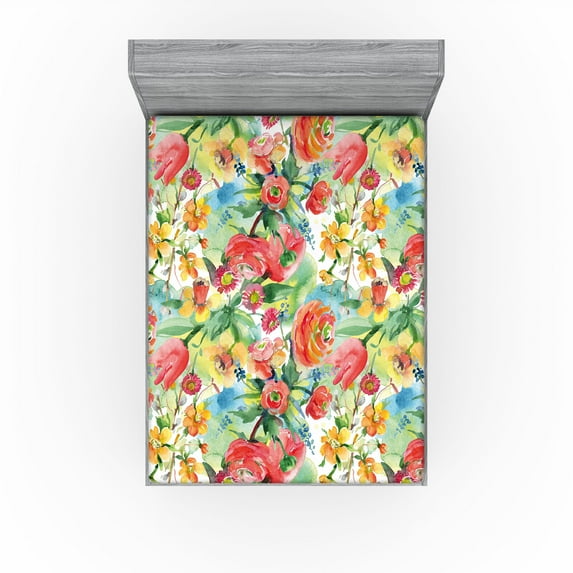 Ambesonne Aquarelle Floral Fitted Sheet, Art Garden Leaves, California King, Coral Jade Green Mustard