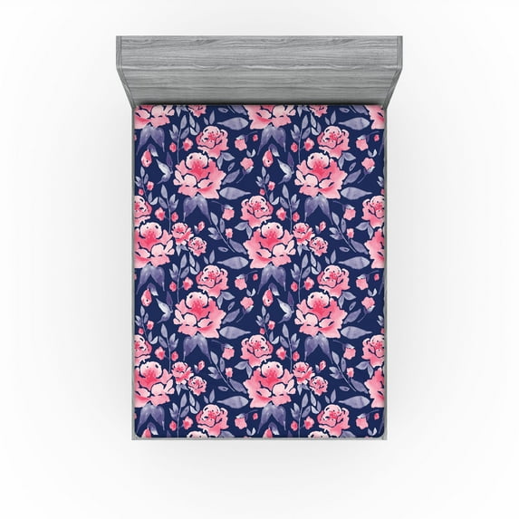 Ambesonne Aquarelle Floral Fitted Sheet, Art of Dreamy Rose, Queen Size, Dark Coral Blush Indigo