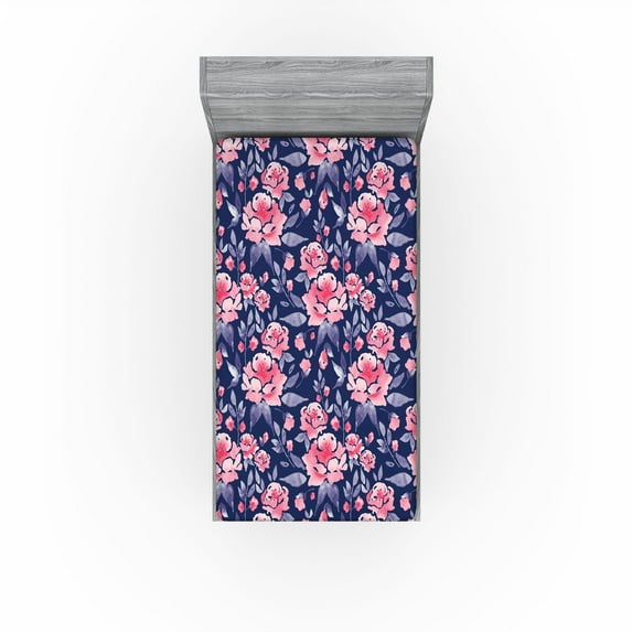 Ambesonne Aquarelle Floral Fitted Sheet, Art of Dreamy Rose, Twin Size, Dark Coral Blush Indigo