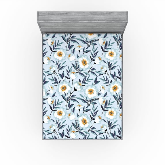 Ambesonne Aquarelle Floral Fitted Sheet, Bloom Vintage Boho, Queen Size, Burnt Orange Pale Blue