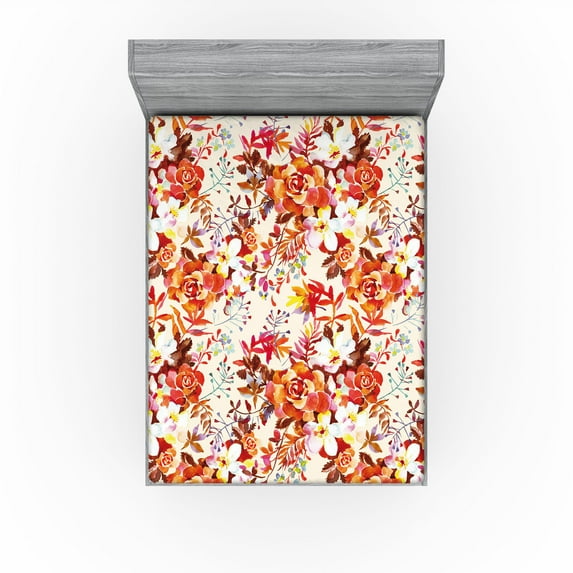 Ambesonne Aquarelle Floral Fitted Sheet, Flowers Leafy Art, California King, Vermilion Dark Coral