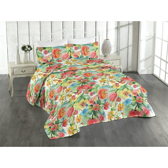 Ambesonne Aquarelle Floral Quilted Bedspread Set 3 Pcs, Art Garden Leaves, Twin, Coral Jade Green Mustard
