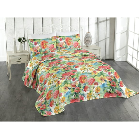 Ambesonne Aquarelle Floral Quilted Coverlet 3 Pcs, Art Garden Leaves, Queen Size, Coral Jade Green Mustard