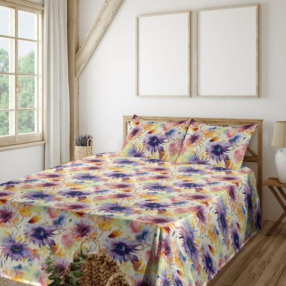 Ambesonne Aquarelle Flowers Fitted & Flat Sheet with Sham 3 Pcs Set, Dreamy Floral Art, Twin, Pale Yellow Lavender