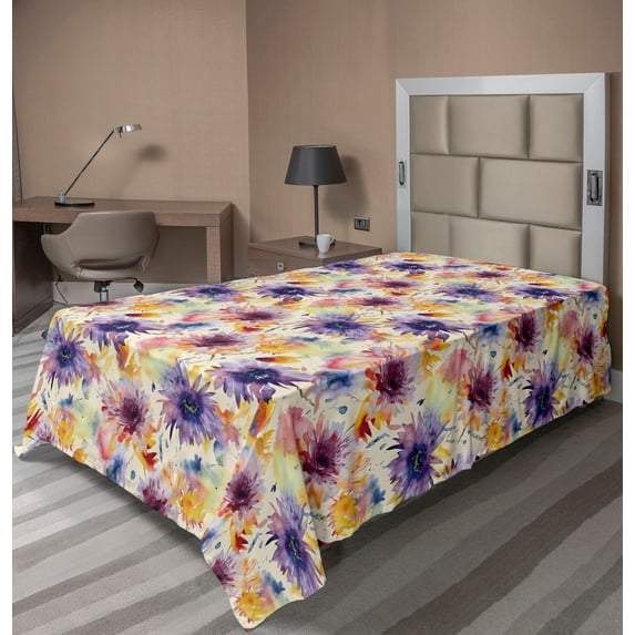 Ambesonne Aquarelle Flowers Flat Bedding Sheet Soft Top Sheet, Dreamy Floral Art, Twin XL, Pale Yellow Lavender