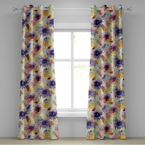 Ambesonne Aquarelle Flowers Grommet Curtain, Dreamy Floral Art, 50"x108", Pale Yellow Lavender