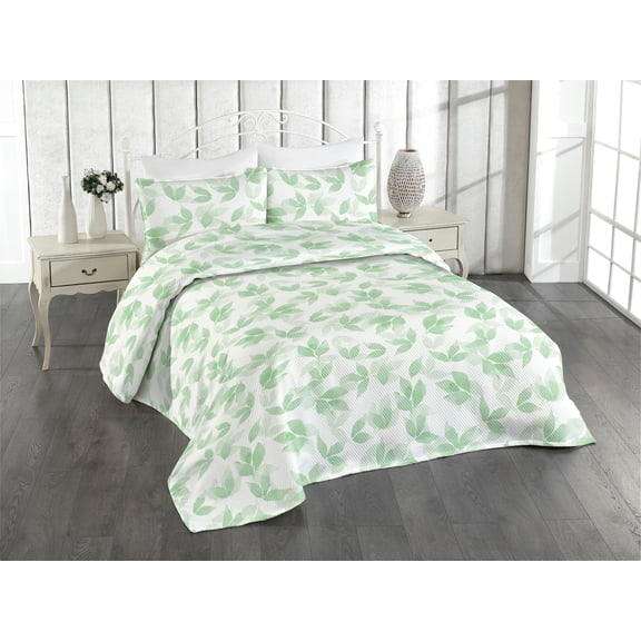 Ambesonne Aquarelle Leaves Quilted Bedspread Set 3 Pcs, Art Modern Leafy, Twin, Fern Green White