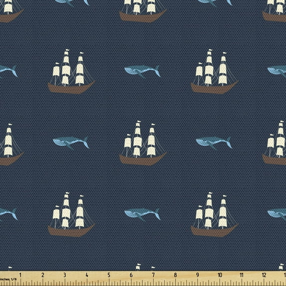 Ambesonne Aquarium Fabric by the Yard Upholstery, Ship and Whale Pattern, 3 Yards, Dark Teal and Multicolor