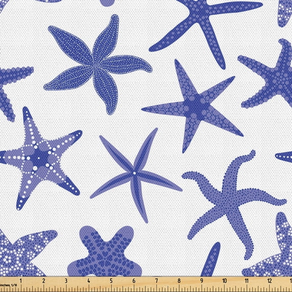 Ambesonne Aquarium Fabric by the Yard Upholstery, Various Style Starfishes, 2 Yards, White and Persian Blue