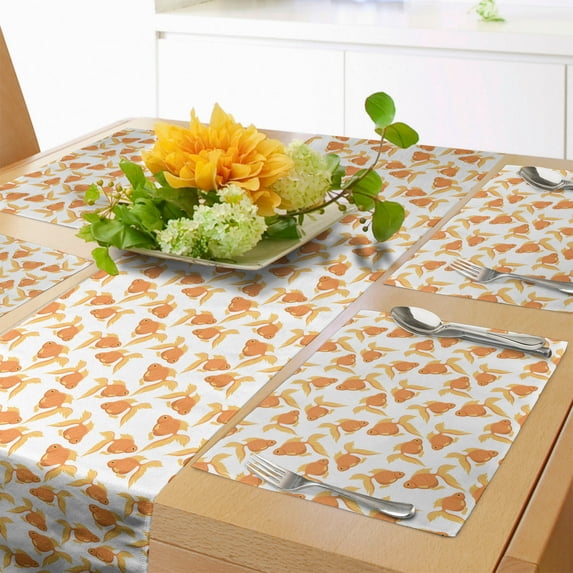 Ambesonne Aquarium Table Runner & Placemats, Exotic Goldfish Pattern, Placemat 4 pcs + Runner 12"x72", White and Pale Orange
