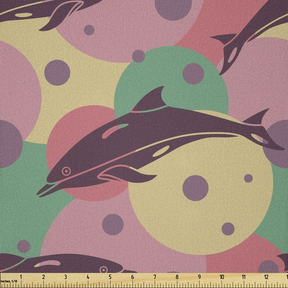 Ambesonne Aquatic Fabric by the Yard Microfiber, Dolphin Underwater, 10 Yards, Jade Green Dried Rose