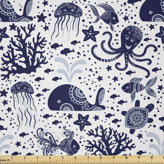 Ambesonne Aquatic Fabric by the Yard Microfiber, Underwater Marine Animals, 1 Yard, Pale Cadet Blue Indigo