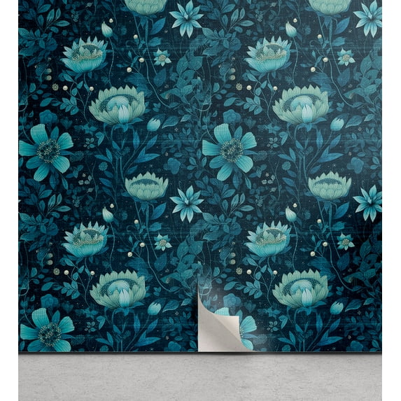 Ambesonne Aquatic Floral Peel & Stick Wallpaper for Home, Dreamy Night Flowers, 13"x100", Petrol Blue Dark Teal