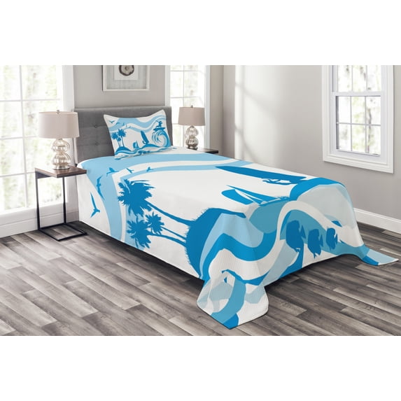 Ambesonne Aquatic Quilted Bedspread Set 2 Pcs, Surfer Waves Summertime, Twin Size, Blue Pale Blue