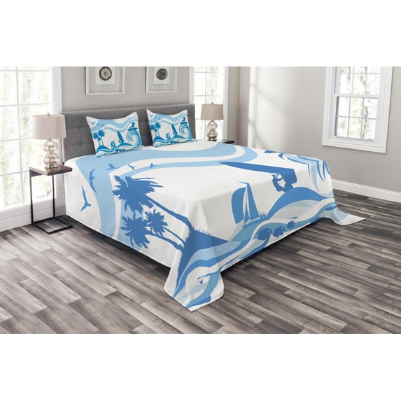 Ambesonne Aquatic Quilted Bedspread Set 3 Pcs, Surfer Waves Summertime, Queen Size, Blue Pale Blue