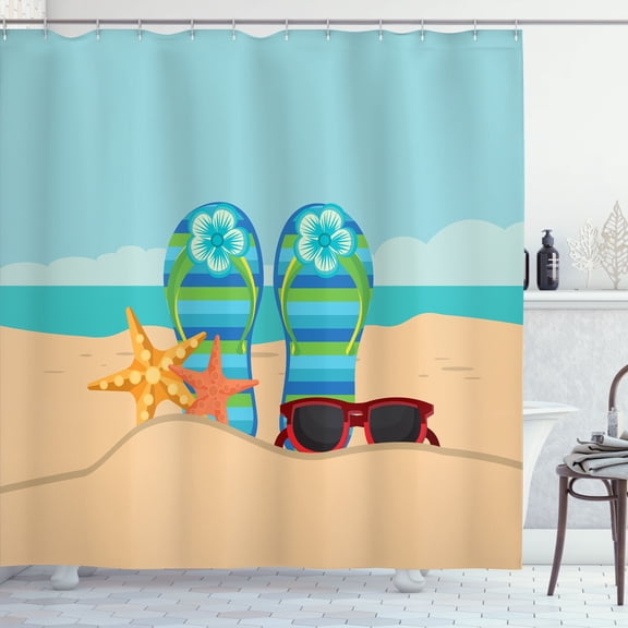 Ambesonne Aquatic Shower Curtain, Beach with Flip Flops Art, 69"Wx84"L, Pastel Brown