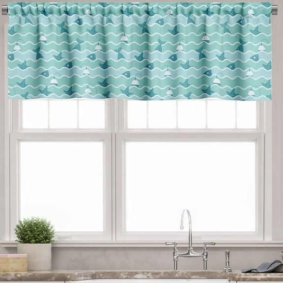 Ambesonne Aquatic Valance Pack of 2, Fishing Theme Waves Float, 54"X18", Seafoam Sea Blue
