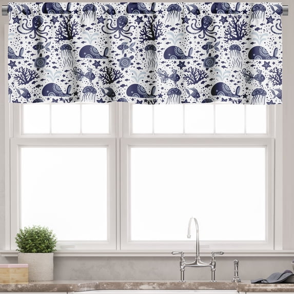 Ambesonne Aquatic Valance Pack of 2, Underwater Marine Animals, 54"X18", Pale Cadet Blue Indigo