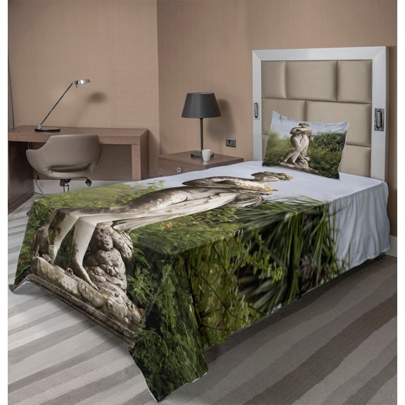 Ambesonne Architecture Fitted & Top Sheet Set with Sham, Achilion Palace Corfu, Green Beige