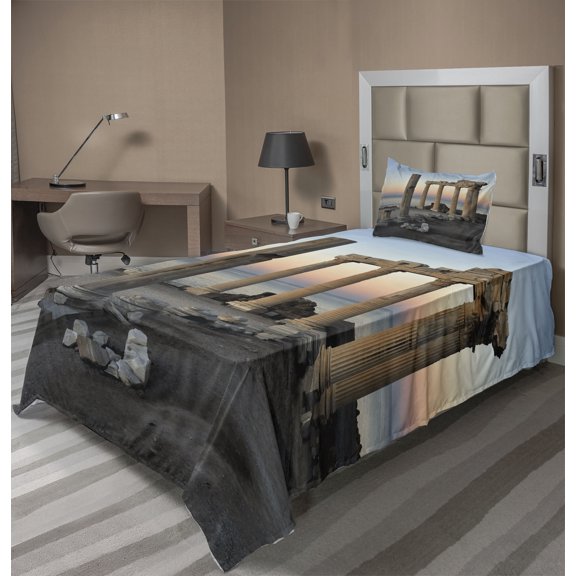 Ambesonne Architecture Fitted & Top Sheet Set with Sham, Greece Pillars, Multicolor