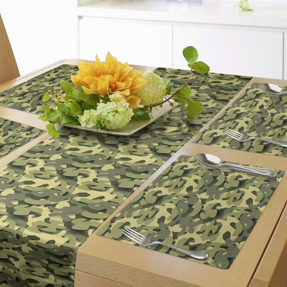 Ambesonne Army Green Table Runner & Placemats, Forest Camouflage Print, Placemat 4 pcs + Runner 12"x72", Khaki Camel and Slate Brown