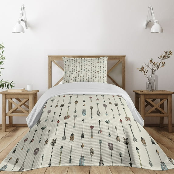 Ambesonne Arrow Quilted Coverlet 2 Pcs, Prehistoric with Feathers, Twin Size, Eggshell and Multicolor