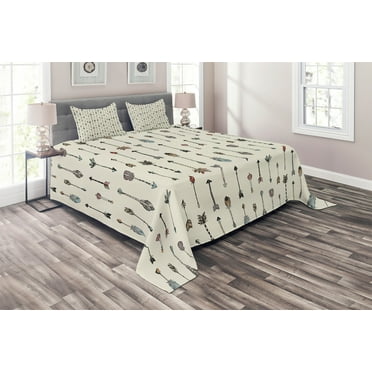 Ambesonne Arrow Quilted Coverlet 3 Pcs, Prehistoric with Feathers, King Size, Eggshell and Multicolor
