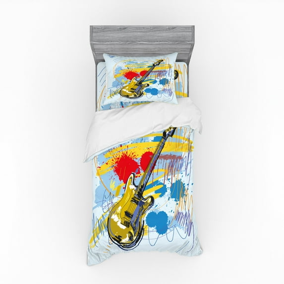 Ambesonne Art Bedding Set 3 Pcs, Abstract Musical Instrument, Twin, Teal Yellow