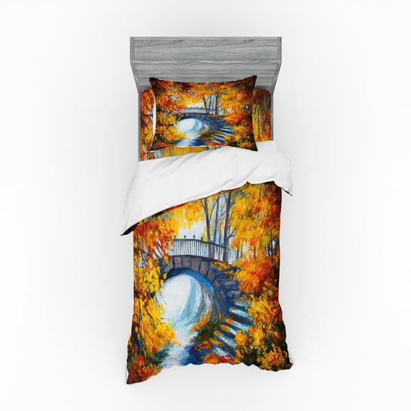 Ambesonne Art Bedding Set 3 Pcs, Autumn Forest with Bridge, Twin, Marigold Vermilion Blue