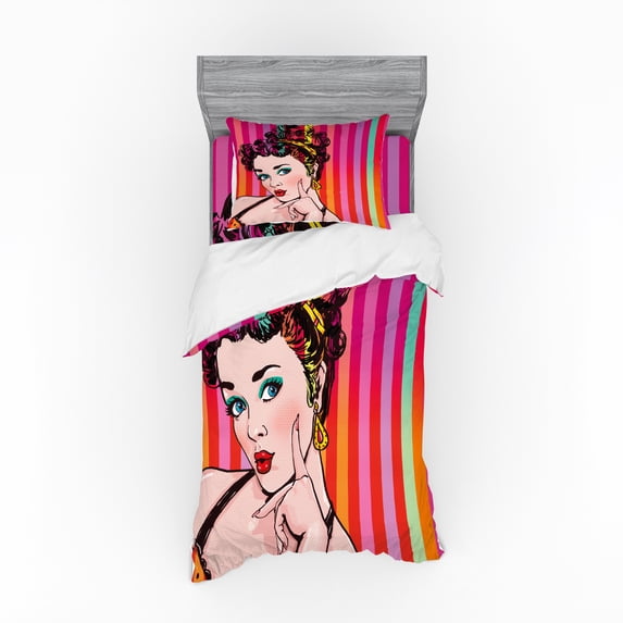 Ambesonne Art Bedding Set 3 Pcs, Blue Eyed Woman Pop Art, Twin, Red Eggshell Multicolor