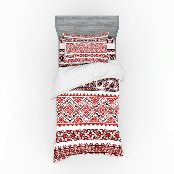 Ambesonne Art Bedding Set 3 Pcs, Ukranian Ornate Borders, Twin, Vermilion Black White