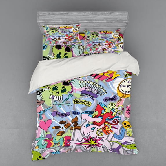 Ambesonne Art Bedding Set 4 Pcs, Hip-Hop Graffiti Love, Queen, Multicolor