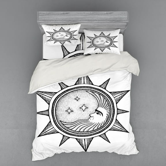 Ambesonne Art Bedding Set 4 Pcs, Moon with Stars in Sun, Queen, Black Grey