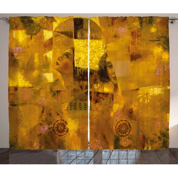 Ambesonne Art Curtains 2 Panel Set, Vintage Woman Drawing, 108" x 90", Ginger Earth Yellow
