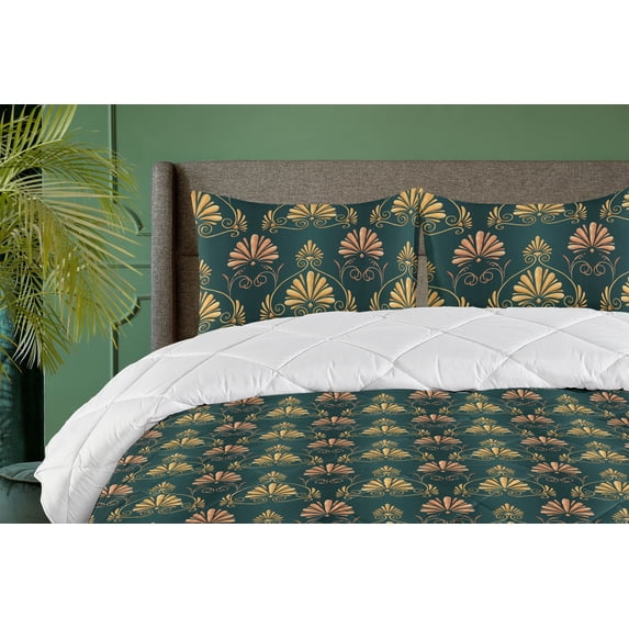 Ambesonne Art Deco Down Alternative Quilt Comforter, Shell Curlicue Vintage Art, Twin XL, Salmon Earth Yellow
