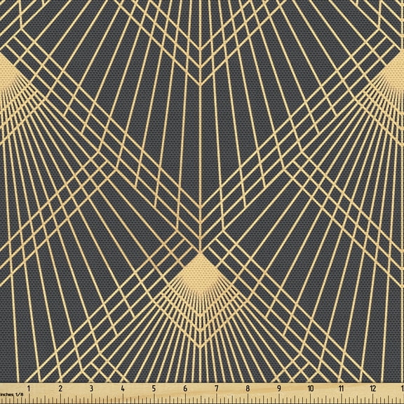 Ambesonne Art Deco Fabric by the Yard Upholstery, Geometric Retro Square Art, 1 Yard, Dark Grey and Mustard