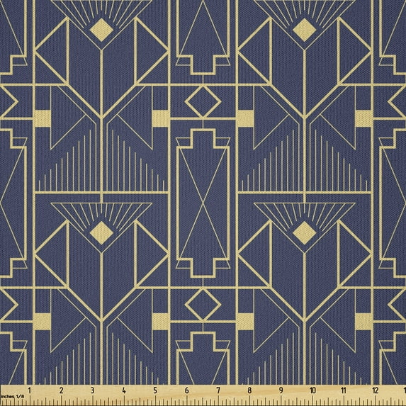 Ambesonne Art Deco Fabric by the Yard Microfiber, Abstract Geometric Plot, 5 Yards, Dark Indigo and Pale Camel