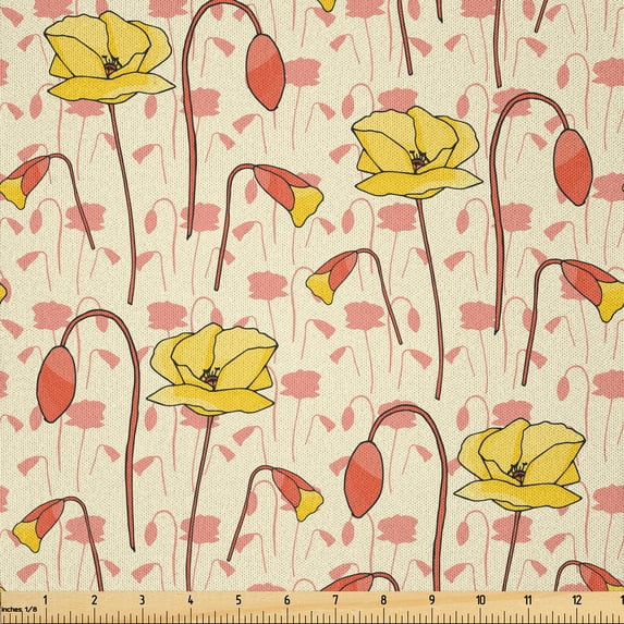 Ambesonne Art Deco Fabric by the Yard Microfiber, Repeating Poppy Flowers, 5 Yards, Mustard and Burnt Sienna