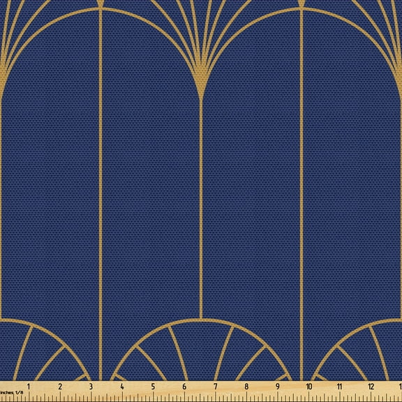 Ambesonne Art Deco Fabric by the Yard Upholstery, Navy Simple Vintage Motif, 2 Yards, Navy Blue and Sand Brown