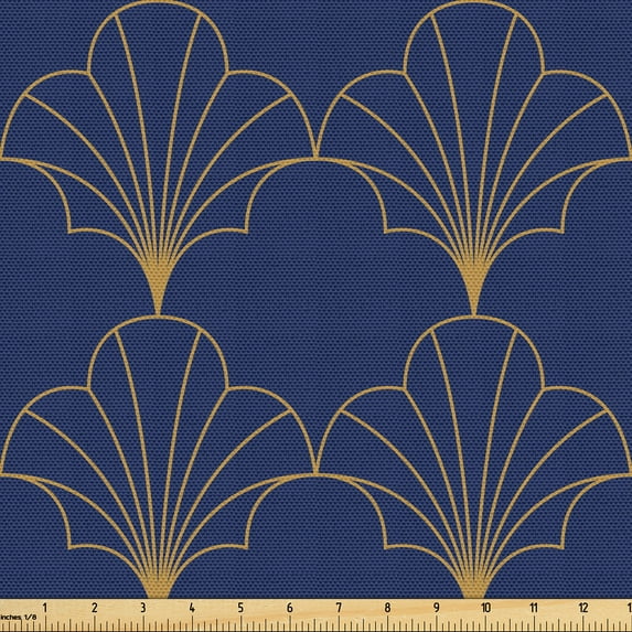 Ambesonne Art Deco Fabric by the Yard Upholstery, Navy Vintage Line Shells, 1 Yard, Navy Blue and Sand Brown