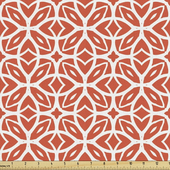 Ambesonne Art Deco Fabric by the Yard Upholstery, Lacy Floral Pattern, 1 Yard, Vermilion and White