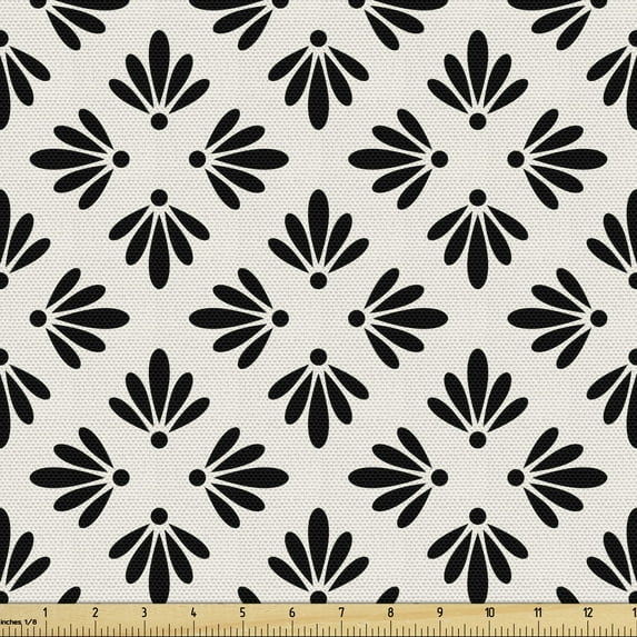 Ambesonne Art Deco Fabric by the Yard Upholstery, Nostalgia Simplistic Flora, 3 Yards, Ivory Charcoal Grey