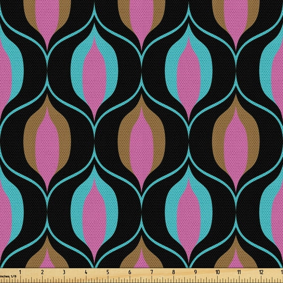Ambesonne Art Deco Fabric by the Yard Upholstery, Retro Whimsical Shapes, 5 Yards, Pink Charcoal Grey Blue