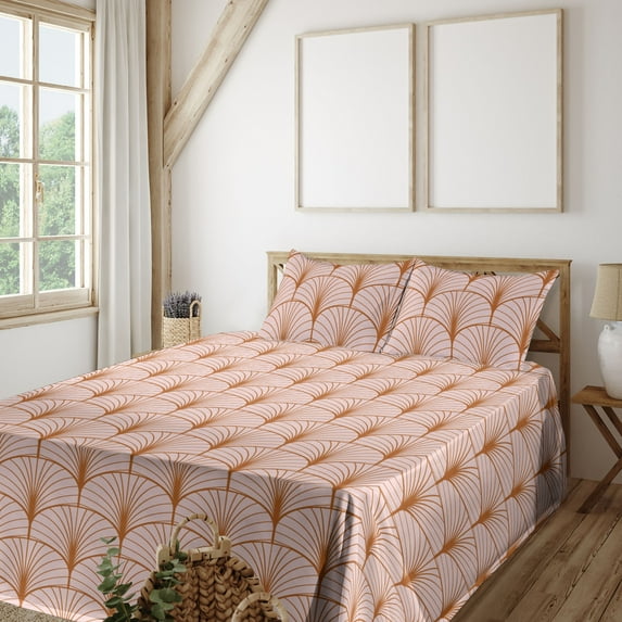 Ambesonne Art Deco Fitted & Flat Sheet with Sham 3 Pcs Set, Blush Geometric Circles, Twin XL, Cinnamon and Blush