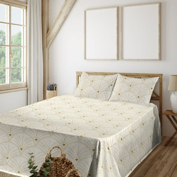 Ambesonne Art Deco Fitted & Flat Sheet with Sham 3 Pcs Set, Eggshell Classic Scales, Twin XL, Eggshell and Sand Brown