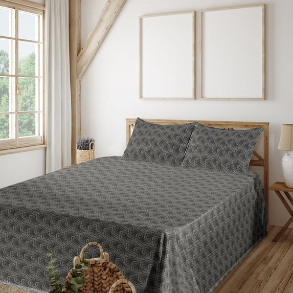 Ambesonne Art Deco Fitted & Flat Sheet with Sham 3 Pcs Set, Gothic Flowers Repetitive, Twin, Grey Pale Sepia
