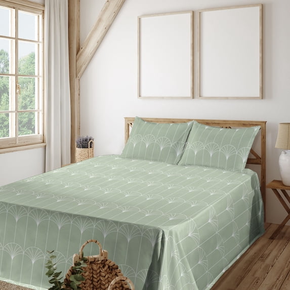 Ambesonne Art Deco Fitted & Flat Sheet with Sham 3 Pcs Set, Green Simple Vintage Motif, Twin XL, Pale Green and White