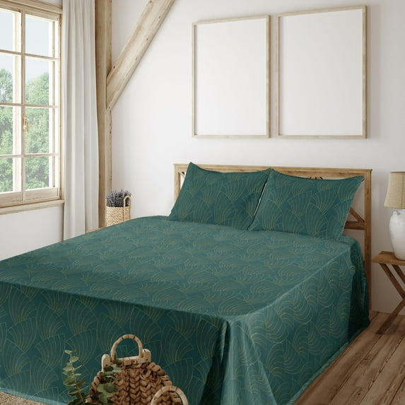 Ambesonne Art Deco Fitted & Flat Sheet with Sham 3 Pcs Set, Ornamental Vintage Flowers, Twin, Teal Earth Yellow